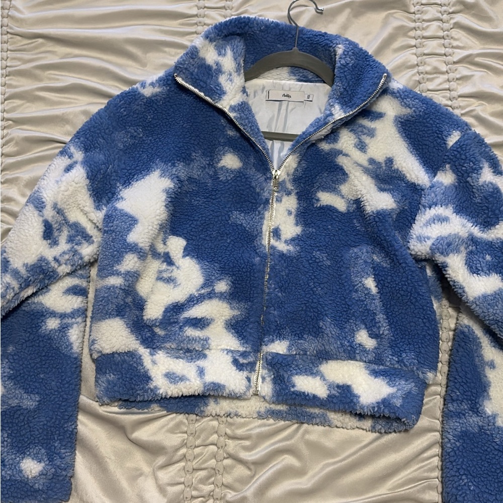 Blue and White Fleece Zip-Up Jacket